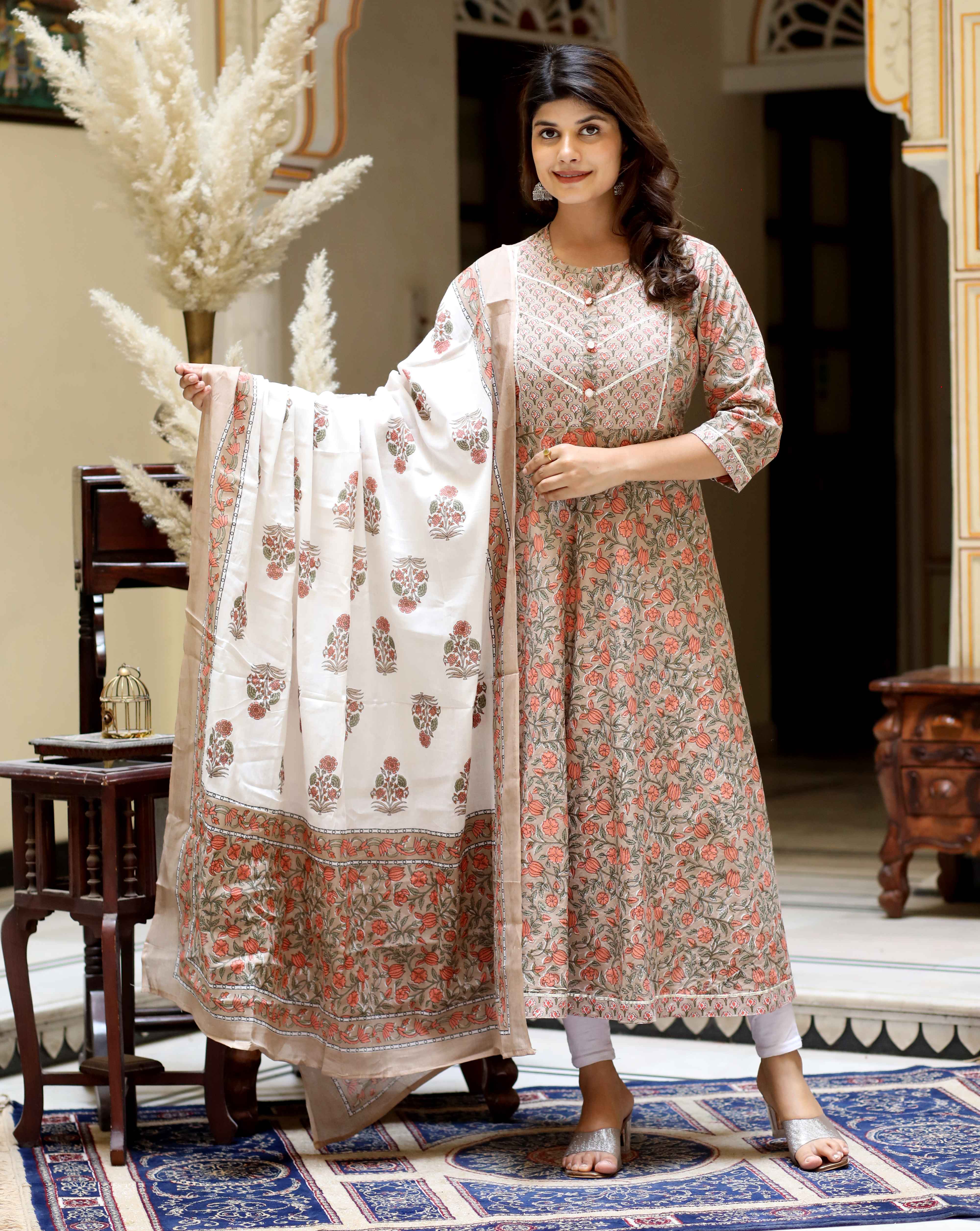 Brown Cotton Anarkali Kurta with Gota Lace & Dupatta Set